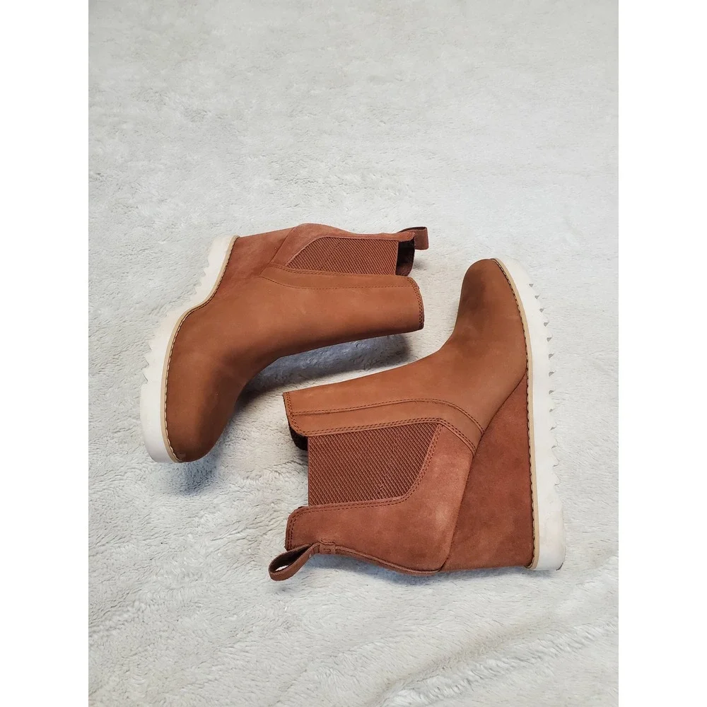 Toms Maddie Tan Brown Suede White Boho Preppy Wedge Ankle Bootie Boot 10 Western